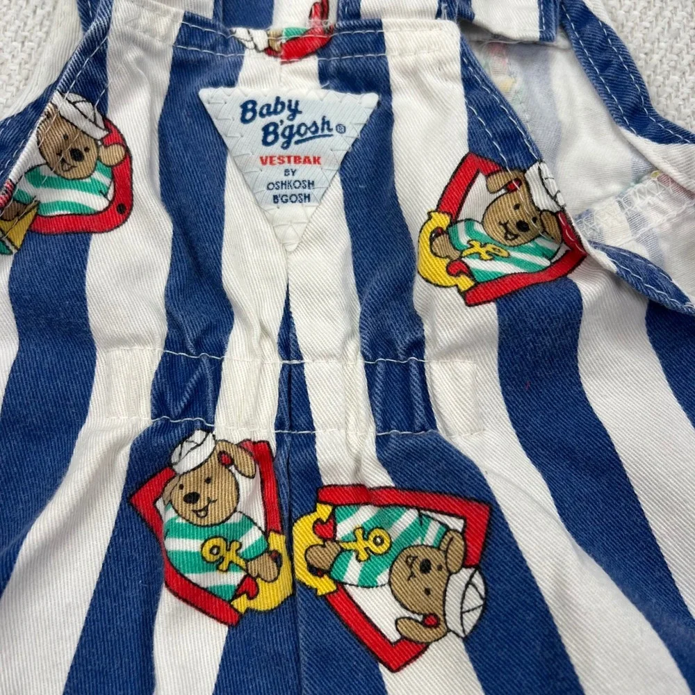Baby OshKosh Shortall Bubble Overalls 12M Blue White Striped Sailor Bear VTG 80s